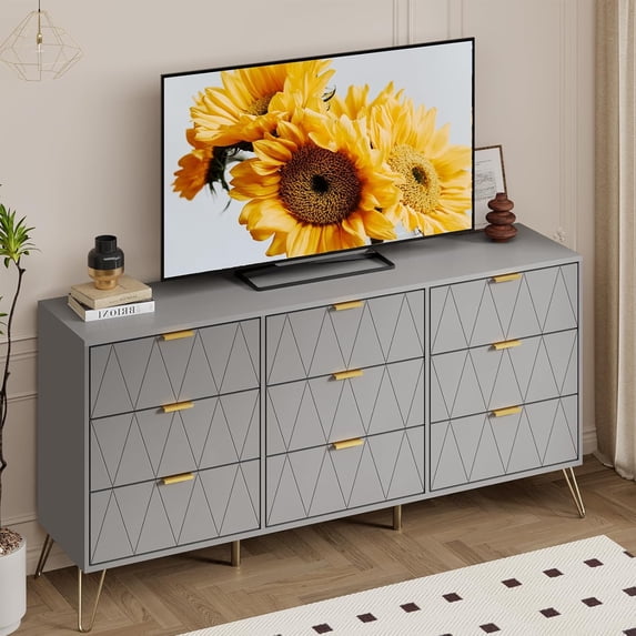 Anbuy Gray 9 Drawer Dresser for Bedroom with Gold Handles, Long Dresser & Chest of Drawers with Deep Drawers, Modern Wood Dressers for Closet Living Room(Grey)
