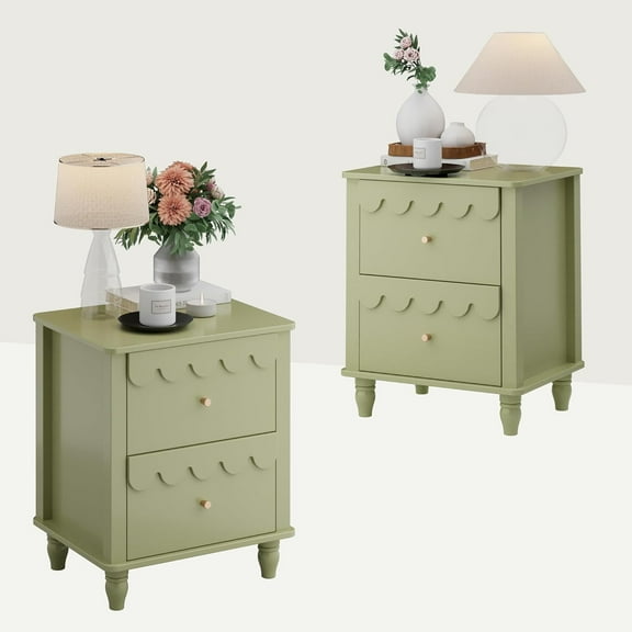 Anbuy Green Nightstand Set of 2 with Petal Pattern, Modern Night Stand Set 2 with 2 Drawers for Bedroom, Side End Table Scalloped Bedside Night Tables with Solid Wood Legs