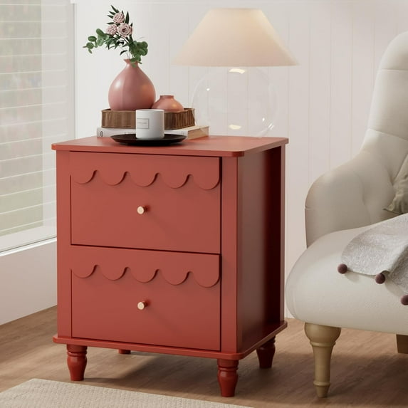 Anbuy Red Nightstand Set of 2 with Petal Pattern, Modern Night Stand Set 2 with 2 Drawers for Bedroom, Side End Table Scalloped Bedside Night Tables with Solid Wood Legs