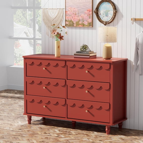 Anbuy Scalloped Dresser for Bedroom Red 6 Drawer Dresser, Modern Wide Chest of Drawers, Scalloped Organizer Storage with Drawers, Fluted Petal Pattern Large Storage Cabinet for Living Room, Porch