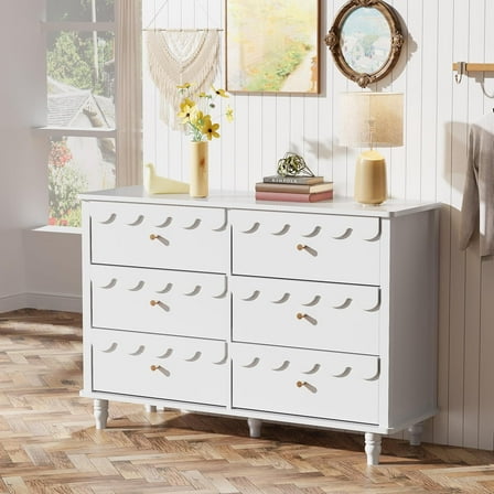 Anbuy White 6 Drawer Dresser for Girls Bedroom, Modern Wide Chest of Drawers, Scalloped Organizer Storage with Drawers, Fluted Petal Pattern Large Storage Cabinet for Bedroom, Living Room, Porch