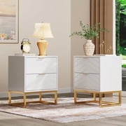 Anbuy White Nightstands Set of 2 Modern Night Stand Set 2 with 2 Drawers for Bedroom Bedside Night Tables with Gold Handles Side End Table with Gold Matel Legs