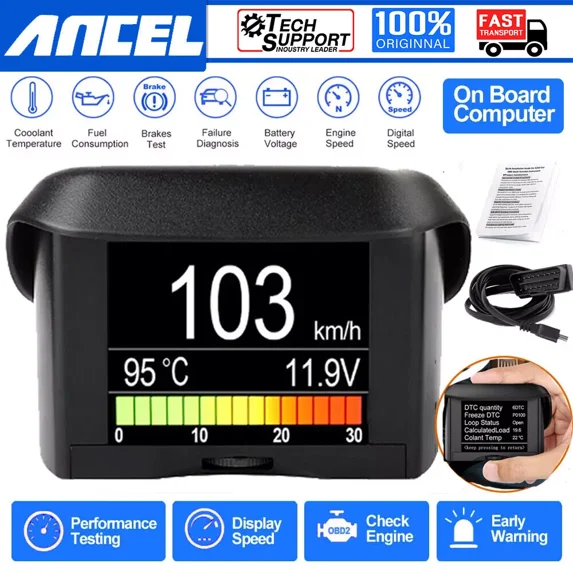 Ancel A202 OBD2 Scanner Automobile On-board Computer HUD Car Digital Gauge Computer Display Speed Fuel Consumption Water Temperature Gauge Display Tool with Brake Test Engine Code Reader