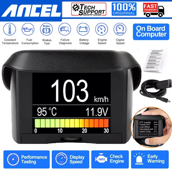 Ancel A202 OBD2 Scanner Automobile On-board Computer HUD Car Digital Gauge Computer Display Speed Fuel Consumption Water Temperature Gauge Display Tool with Brake Test Engine Code Reader