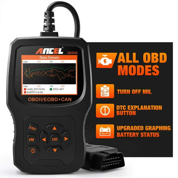 Ancel AD530 Vehicle OBD2 Scanner Code Reader Supports All OBDII Modes Diagnostic Scan Tool with Enhanced Code Definition and Upgraded Graphing Battery Status OBD Scanner Automotive Battery Checker