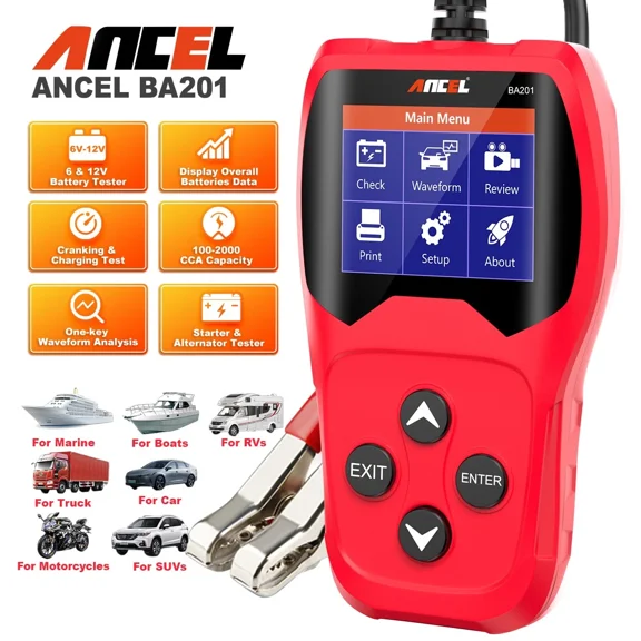 Ancel BA201 12V Car Battery Tester Battery Analyzer, Car Tester Digital Cranking Test Auto Cranking Charging Diagnostic Tool, Red