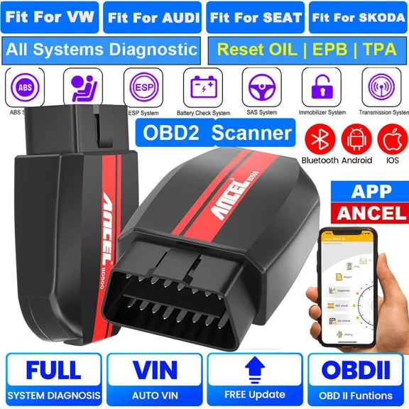 ANCEL BD500 Bluetooth OBD2 Scanner Fits for VW Audi Skoda Seat VAG Vehicles, Full System Car Diagnostic Tool Code Reader with Oil & EPB Reset, Throttle Learning, Lifetime Free Update