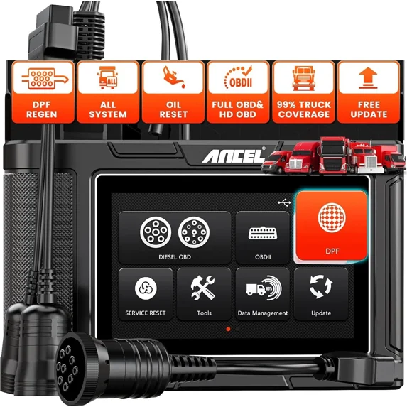 Ancel HD3300 Diesel Heavy Truck Diagnostic Scan Tool DPF Regeneration Oil Reset Fits for Isuzu Fuso Cummins International Paccar Volvo Detroit HD OBD Truck All System Truck Car 2 in 1 Code Reader