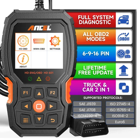 ANCEL Heavy Truck Scanner All System Diesel Truck Diagnostic Scan Tool OBD2 Scanner Code Reader for Diesel Heavy Trucks & Cars 2 in 1 Code Scanner, Lifetime Free Update