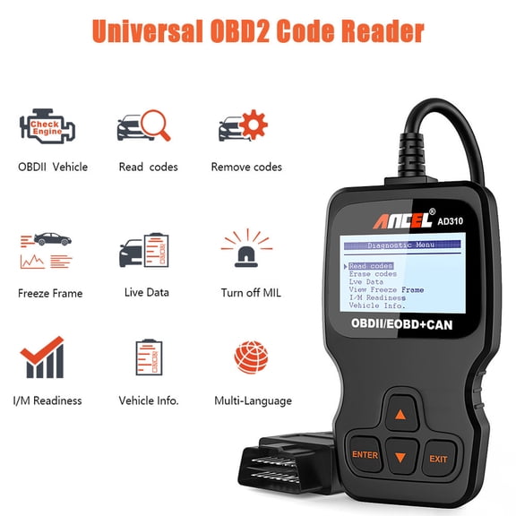 Ancel OBD2 Code Reader AD310, Car Engine Diagnostic Scanner, Read/Clear Codes, Live Data, Multi-Language, Portable OBDII Scan Tool