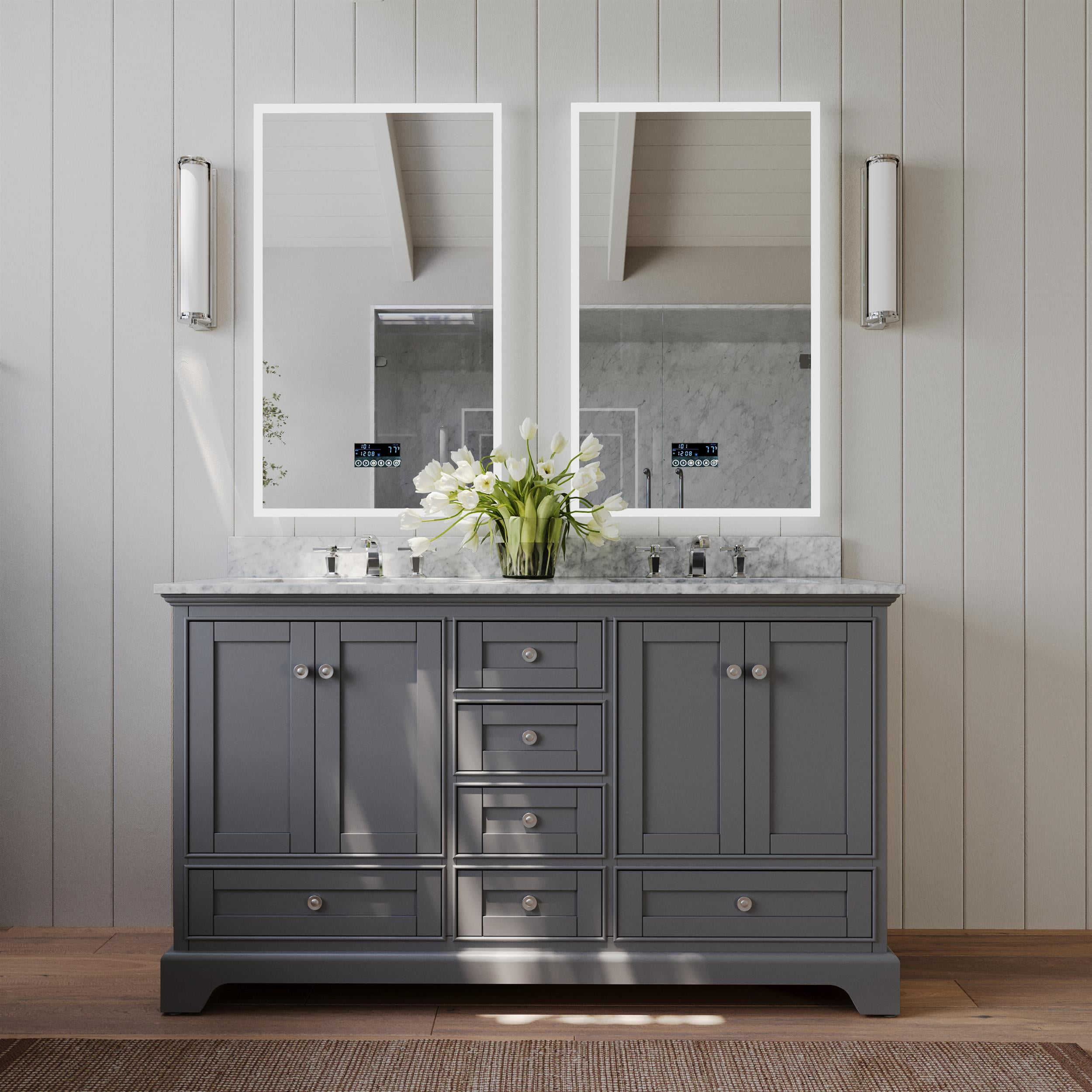 Sapphire Gray Solid Wood Double Vanity with Carrara Marble Top