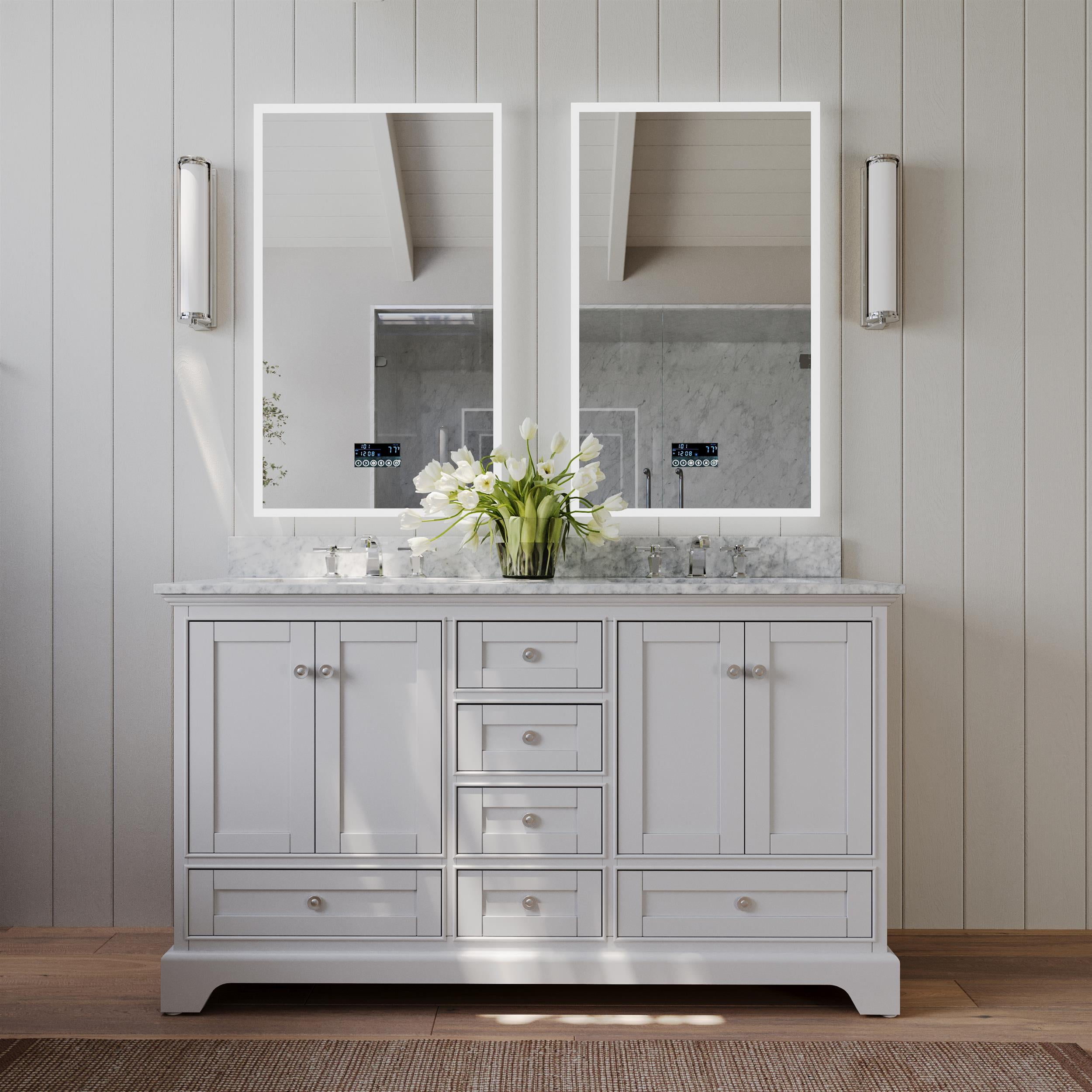 Audrey 60" White Wood Bathroom Vanity Set with Marble Top