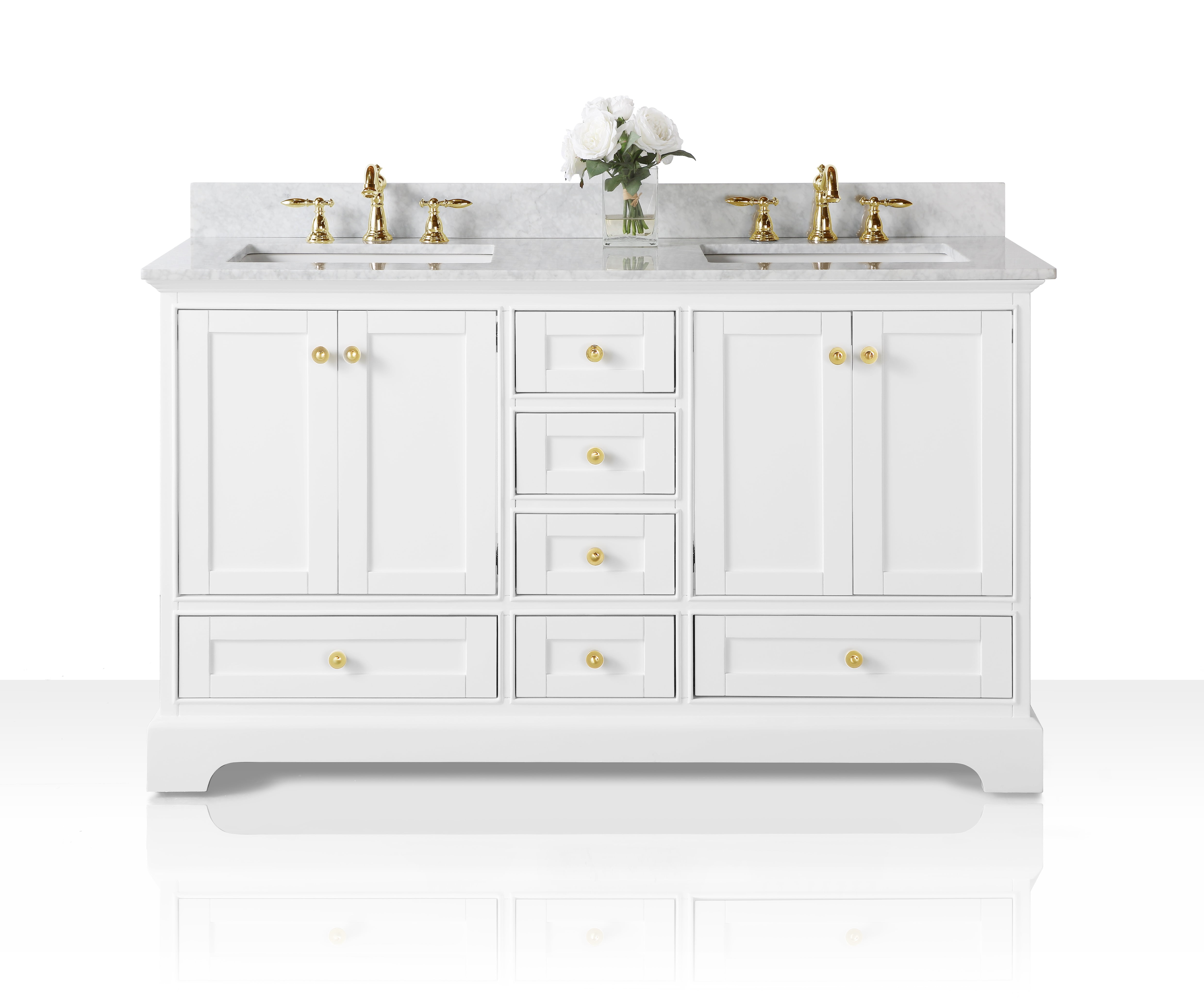 Audrey 60'' White Double Bathroom Vanity with Marble Top and Gold Hardware