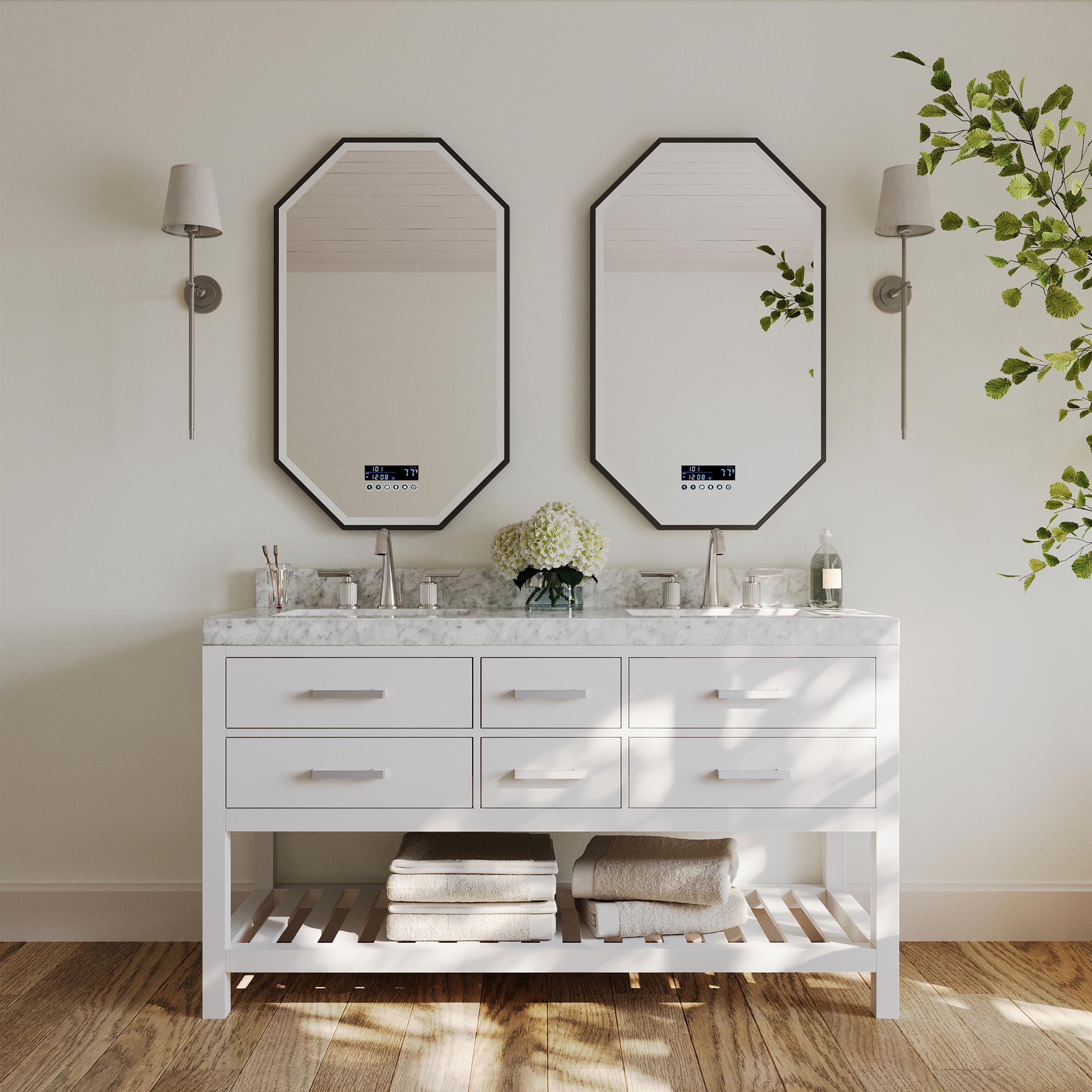 Elizabeth 60" White Wood Bathroom Vanity Set with Marble Top