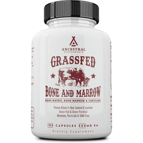Ancestral Supplements Grass Fed Beef Bone and Marrow Supplement, 3000mg, Skin, Oral Health, and Joint Support Supplement, Promotes Whole-Body Wellness, Non GMO Whole Bone Extract, 180 Capsules