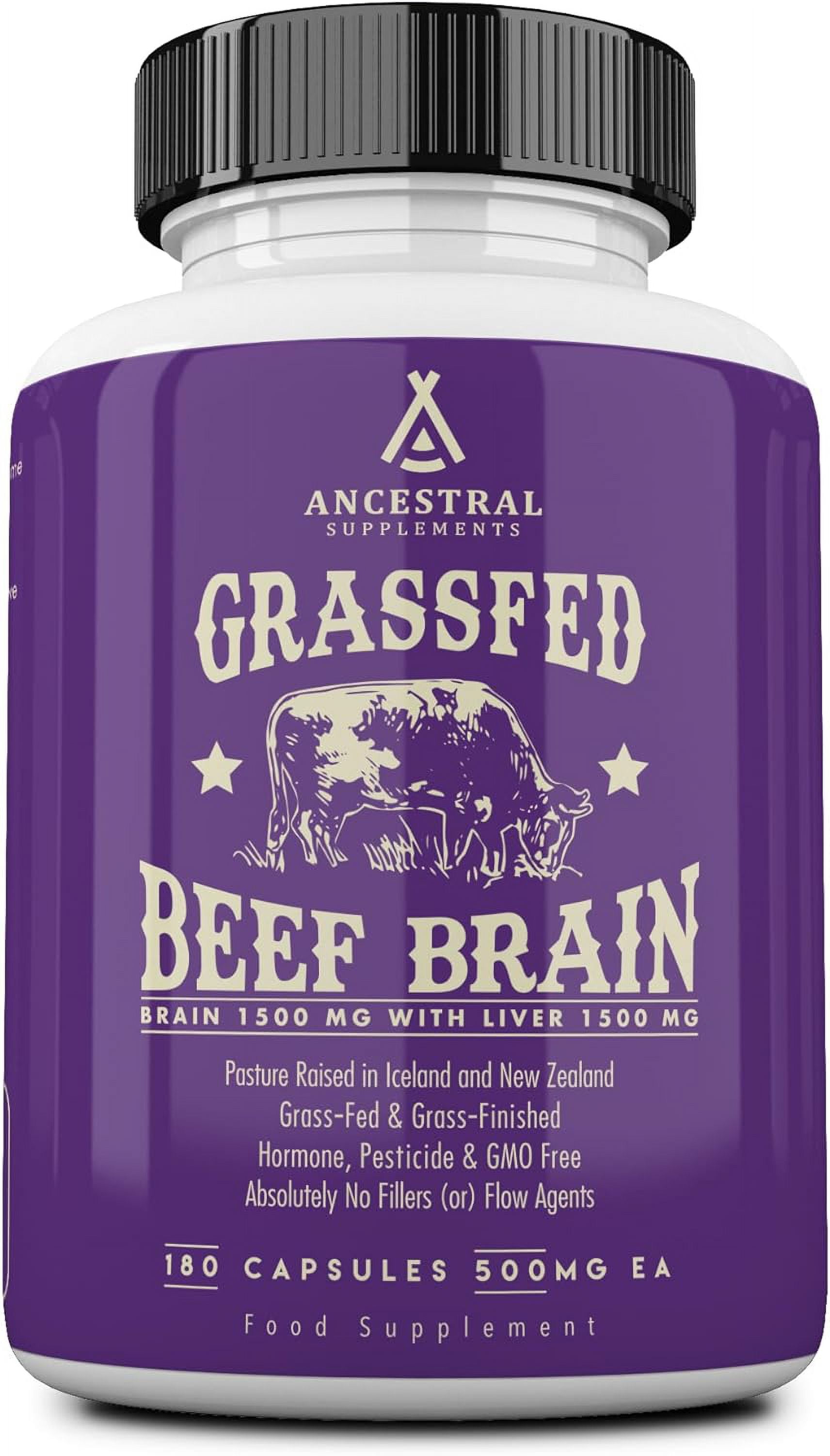 Ancestral Supplements Grass Fed Beef Brain Supplement with Beef Liver, Whole Food Brain Support Promotes Brain, Mood, and Memory Health, Brain and Liver Health Formula Capsules, Non-GMO, 180 Capsules
