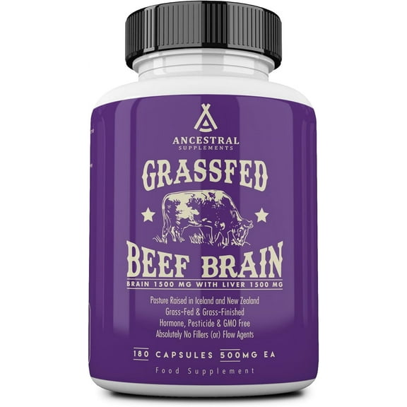 Ancestral Supplements Grass Fed Beef Brain Supplement with Beef Liver, Whole Food Brain Support Promotes Brain, Mood, and Memory Health, Brain and Liver Health Formula Capsules, Non-GMO, 180 Capsules