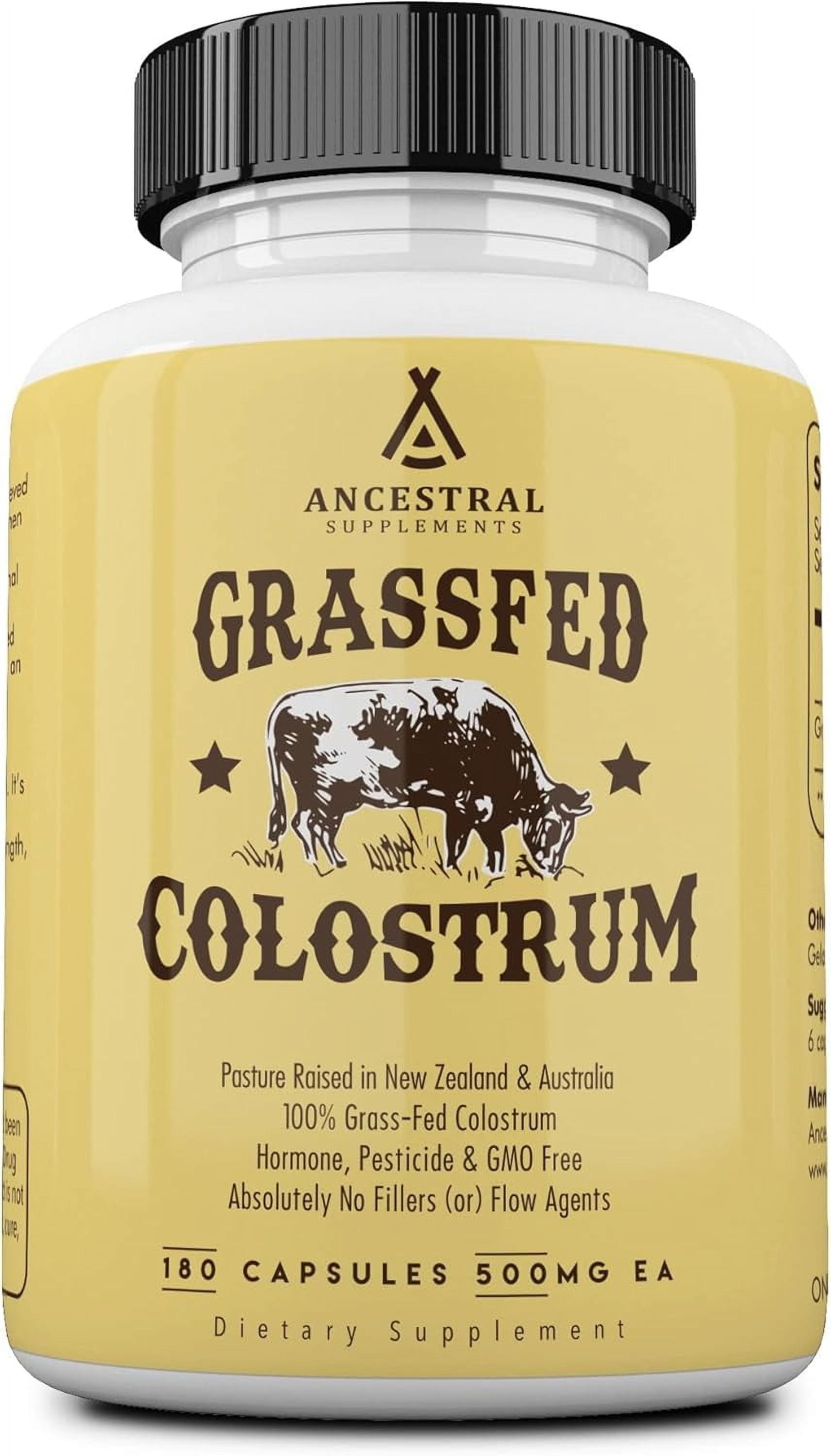 Ancestral Supplements Grass Fed Beef Colostrum Supplement, 3000 mg, Offers Immune Support and Promotes Gut Health, Athletic Performance, Healthy Iron Levels, Growth and Repair, Non GMO, 180 Capsules