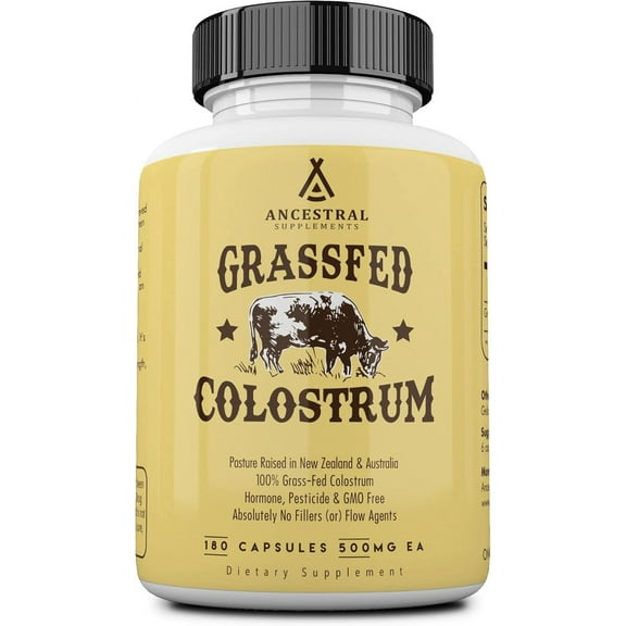 Ancestral Supplements Grass Fed Beef Colostrum Supplement, 3000 mg, Offers Immune Support and Promotes Gut Health, Athletic Performance, Healthy Iron Levels, Growth and Repair, Non GMO, 180 Capsules
