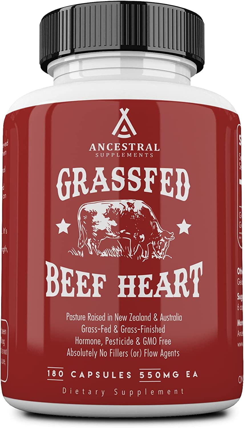 Ancestral Supplements Grass Fed Beef Heart Supplement, 3300mg, CoQ10 Supplement with Grass Fed Beef Liver, Supports Energy, Immune, Heart and Mitochondrial Health, Non GMO, 180 Capsules