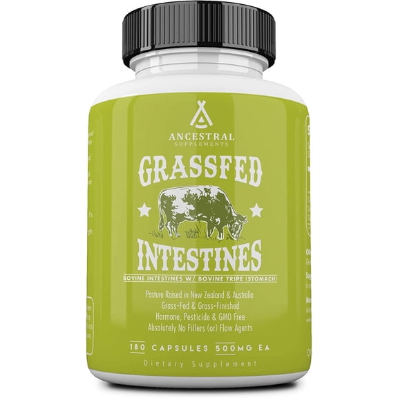 Ancestral Supplements Grass Fed Beef Intestines with Stomach (Tripe), Digestion Supplement for Acid Reflux and Gut, Intestine and Digestive Health, Non GMO, 3000mg 180 Capsules