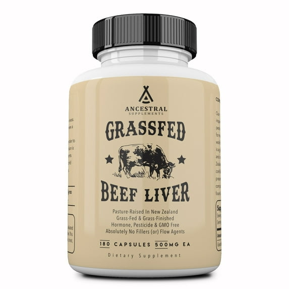 Ancestral Supplements Beef Liver, Grass-Fed, Natural Iron, Vitamin A, B12 for Energy, 180 Capsules