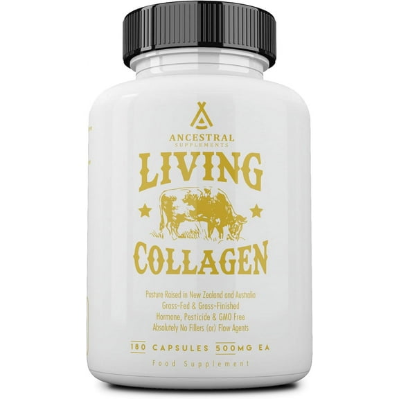 Ancestral Supplements Grass Fed Beef Living Collagen Nutritional Powder Supplement, 3000mg, Promotes Healthier, Younger Looking Skin, Hair, Nails and Joints, Type II, 180 Capsules
