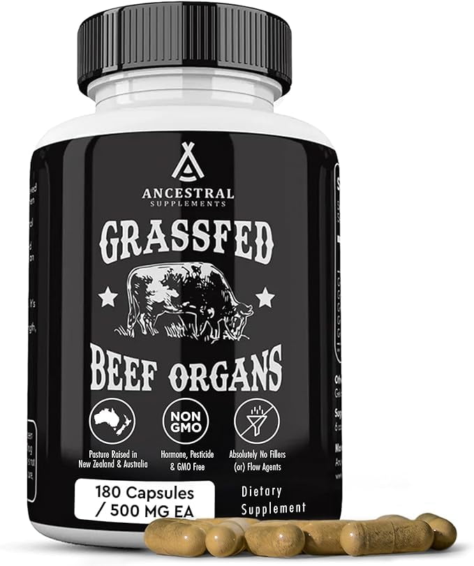 Ancestral Supplements Grass Fed Beef Organ Supplement Supports Whole Body Wellness with Proprietary Blend of Liver Heart Kidney Pancreas Spleen Freeze-Dried Beef Non-GMO 180 Capsules