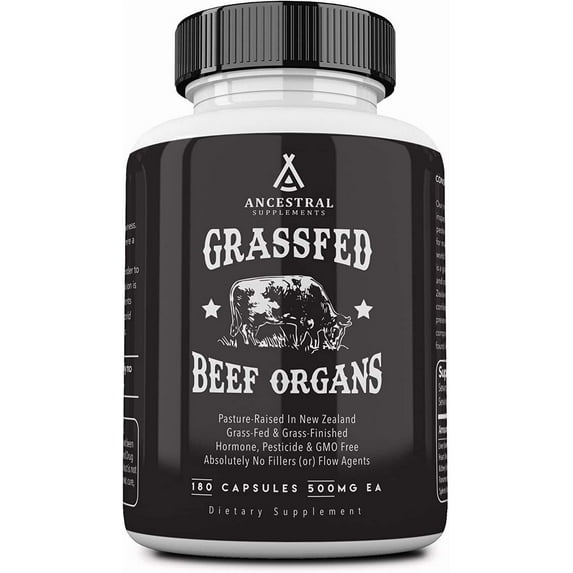 Ancestral Supplements Grass Fed Beef Organs (Desiccated) - Liver, Heart, Kidney, Pancreas, Spleen (180 Capsules)