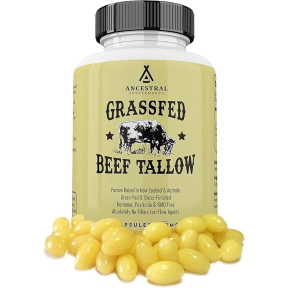 Ancestral Supplements Grass Fed Beef Tallow Capsules, 3000mg, Nourishing Kidney Fat Supplement Supports Bones, Teeth, Gums, Skin, Immune and Overall Health, Non-GMO, 180 Capsules