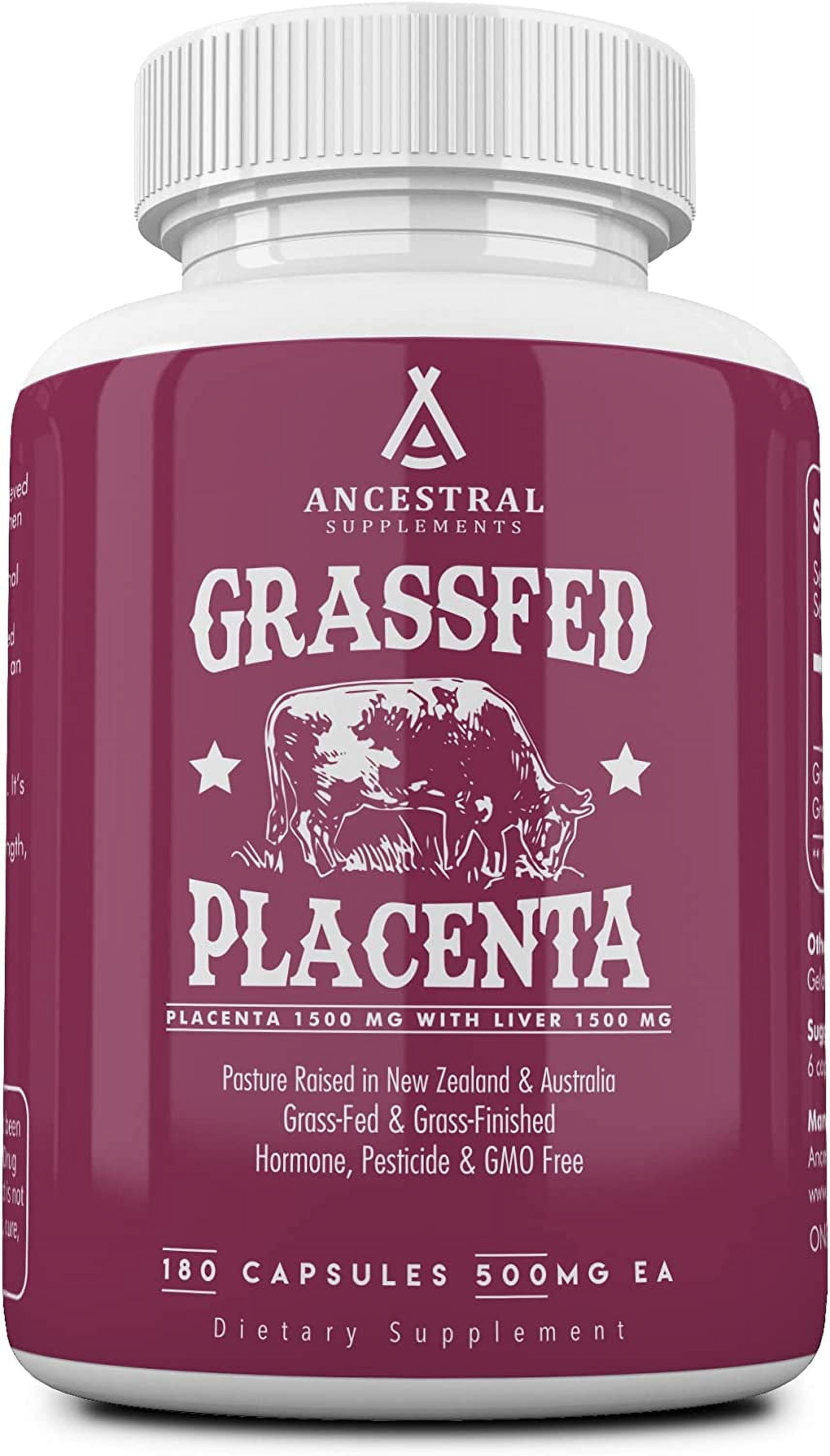 Ancestral Supplements Grass Fed Placenta Supplement with Liver, Contains Postpartum Vitamins for Women Breastfeeding, Promotes Menopause Relief, Stem Cells Support Skin Elasticity, 180 Capsules