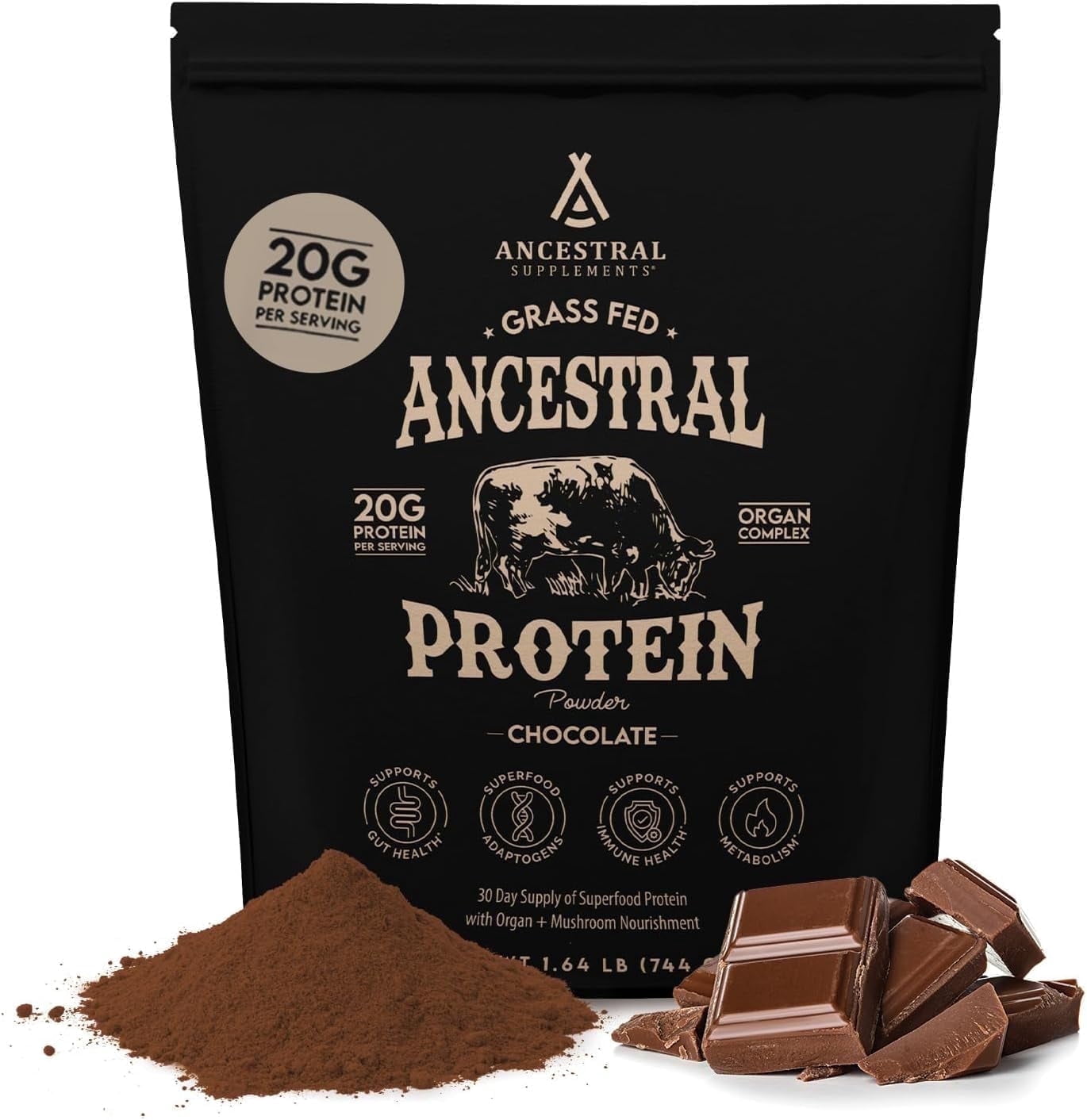 Ancestral Supplements Beef Bone Broth Protein Powder with Beef Organs & Organic Mushrooms, High Protein Supplement, Chocolate Flavor, 20g Protein Per Serving