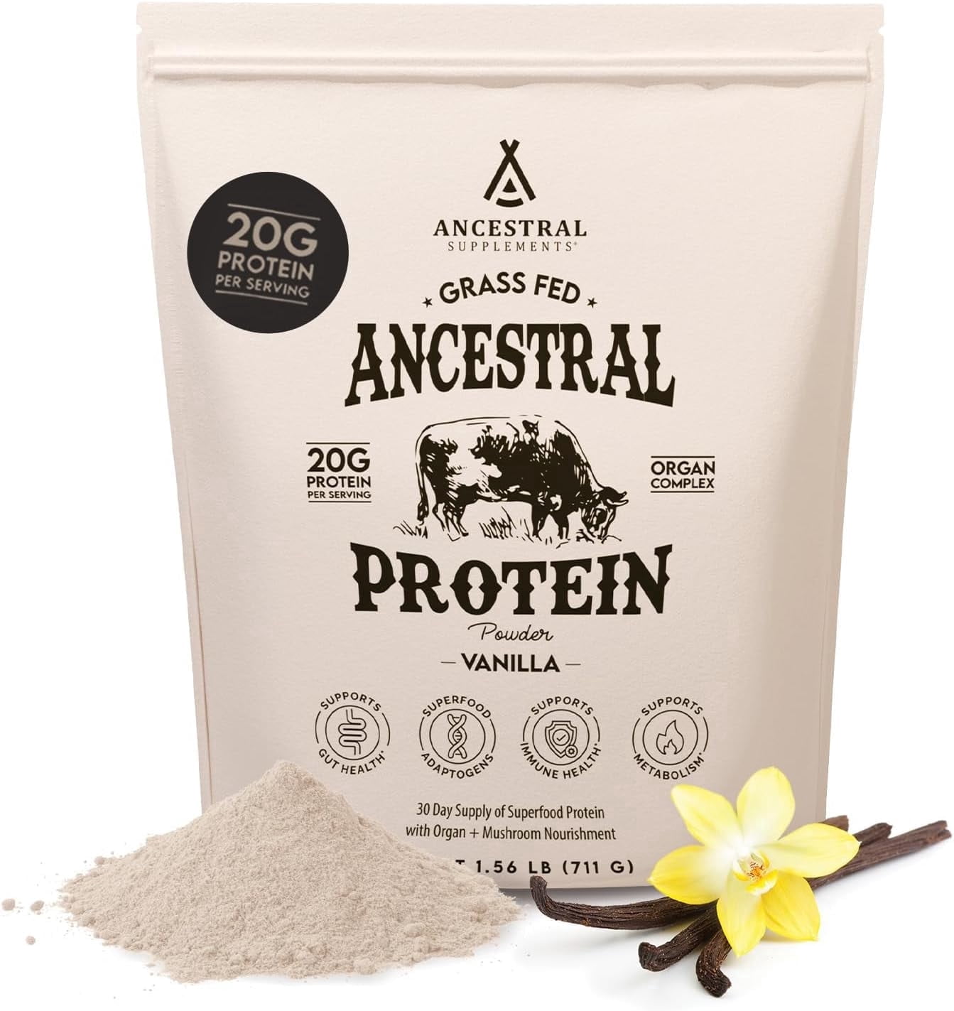 Ancestral Supplements Grass Fed Protein Powder, Vanilla, Beef Bone Broth Based with Beef Organs & Organic Mushrooms, 20g Protein Per Serving