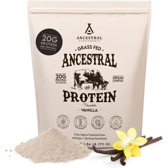 Ancestral Supplements Grass Fed Protein Powder, Vanilla, Beef Bone Broth Based with Beef Organs & Organic Mushrooms, 20g Protein Per Serving