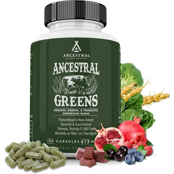Ancestral Supplements Greens Powder Capsules, Organic Superfood Greens & Reds Blend with Spirulina, Chlorella, Grass Fed Beef Organs, and Probiotics for Gut Health, Non GMO, 615mg Each, 180 Count