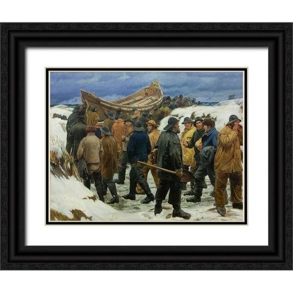 Ancher, Michael 14x12 Black Ornate Wood Framed with Double Matting Museum Art Print Titled - The lifeboat is driven through the dunes