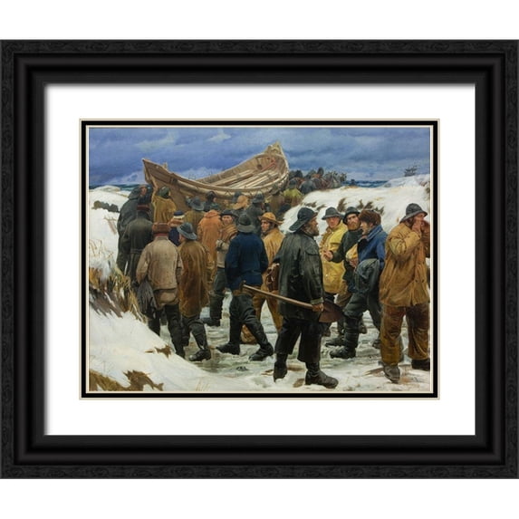 Ancher, Michael 18x15 Black Ornate Wood Framed with Double Matting Museum Art Print Titled - The lifeboat is driven through the dunes