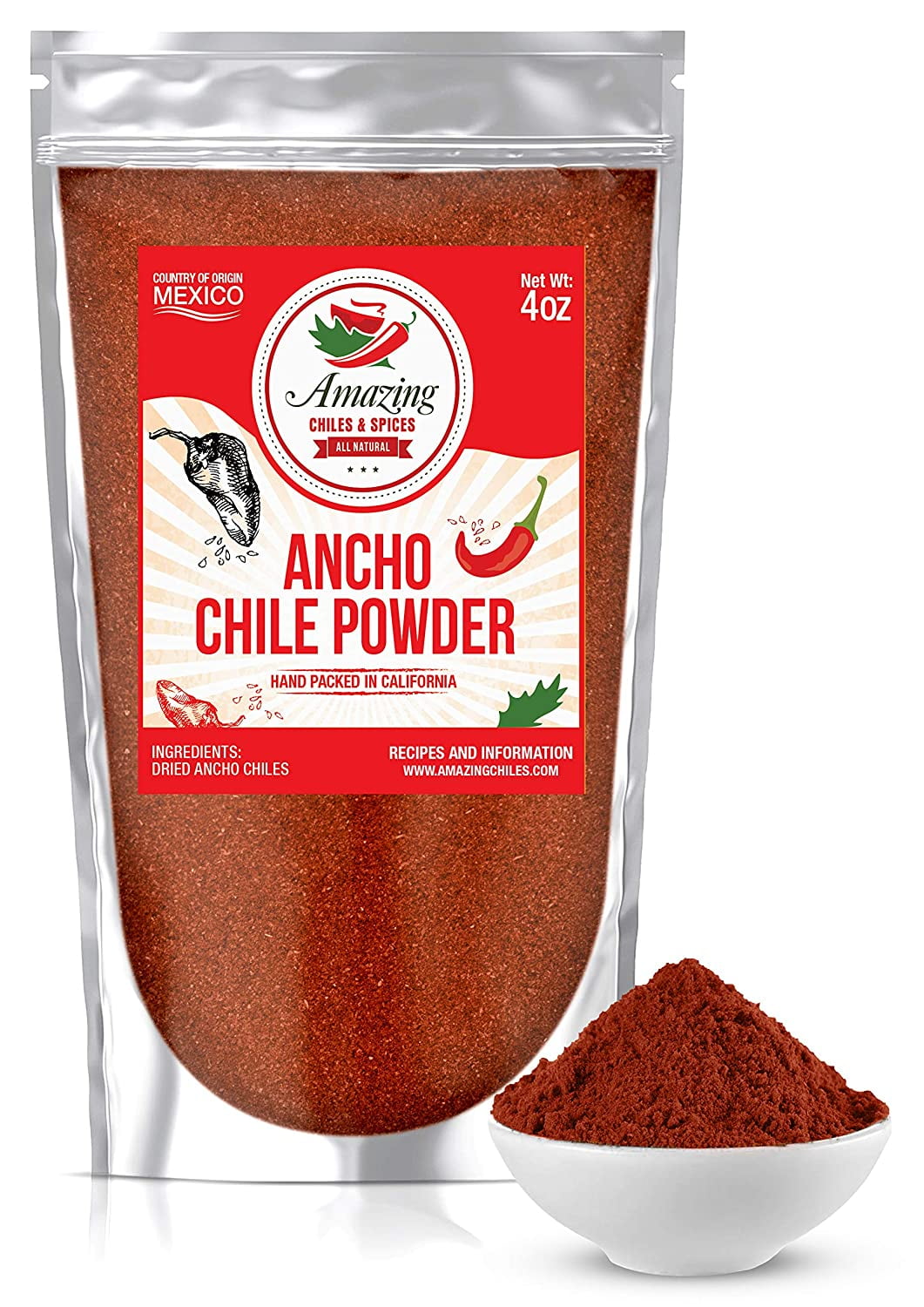 Ancho Chile Powder Ground 4 oz Natural and Premium, Mild Heat, Sweet