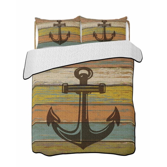 Anchor 3 Pieces Quilt Set, 1 Quilt with 2 Shams, Vintage Yellow Orange ...