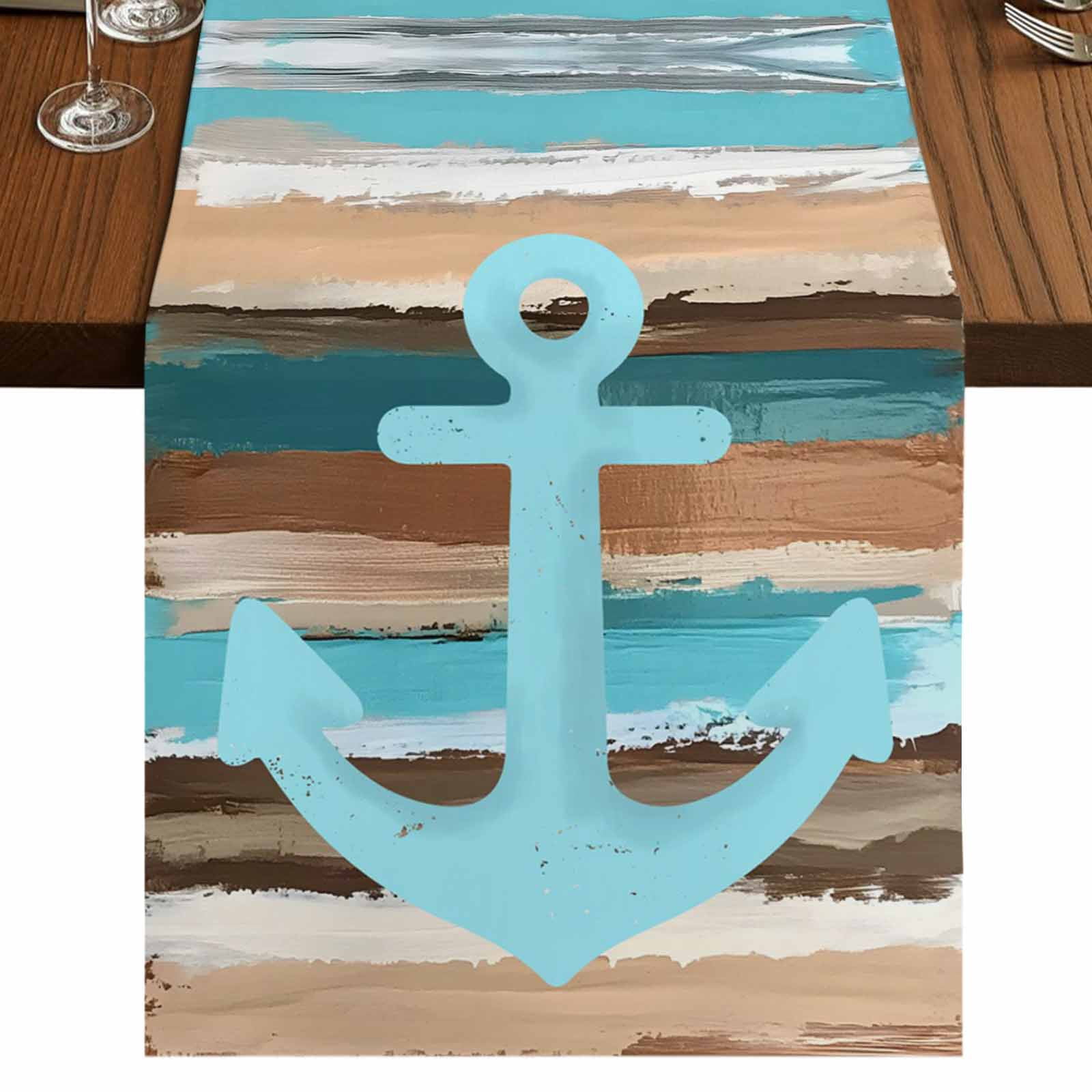 Anchor 60 Inch Table Runner, Blue Green Brown Vintage Wood Grain ...
