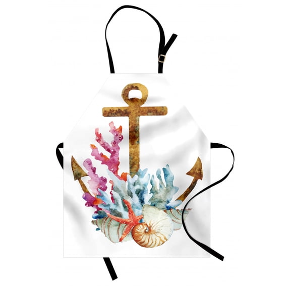 Anchor Apron Watercolor Style Starfish Seashell and Coral Colorful Nautical Arrangement Summer, Unisex Kitchen Bib Apron with Adjustable Neck for Cooking Baking Gardening, Multicolor, by Ambesonne