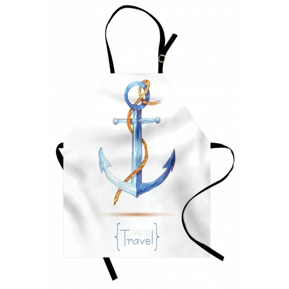 Anchor Apron Watercolors Anchor and Rope Time to Travel Classic Sail Emblem Drogue Voyage, Unisex Kitchen Bib Apron with Adjustable Neck for Cooking Baking Gardening, Blue White Brown, by Ambesonne