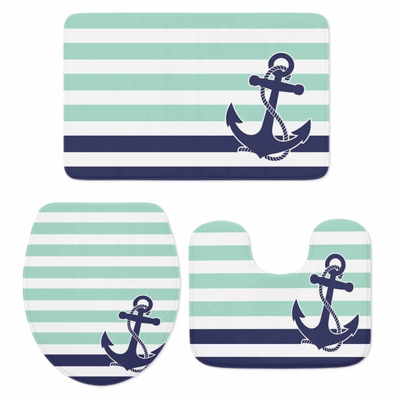 Anchor Aqua Bath Mat 3 Piece Bathroom Rug Set, Modern Navy Blue White Striped Nautical Non Slip Bath Rug Contour Mat and Toilet Lid Cover, Absorbent Shower Mats Soft Bath Rugs and Mats Sets