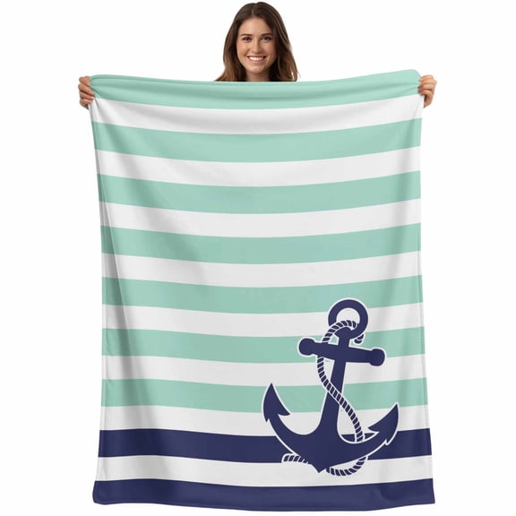 Anchor Aqua Blanket Soft Cozy Warm Throw Blanket for Couch, Plush Fuzzy Flannel Fleece Blankets for Sofa, Modern Navy Blue White Striped Nautical Bed Blankets Lightweight Gifts for Women, 30"x40"