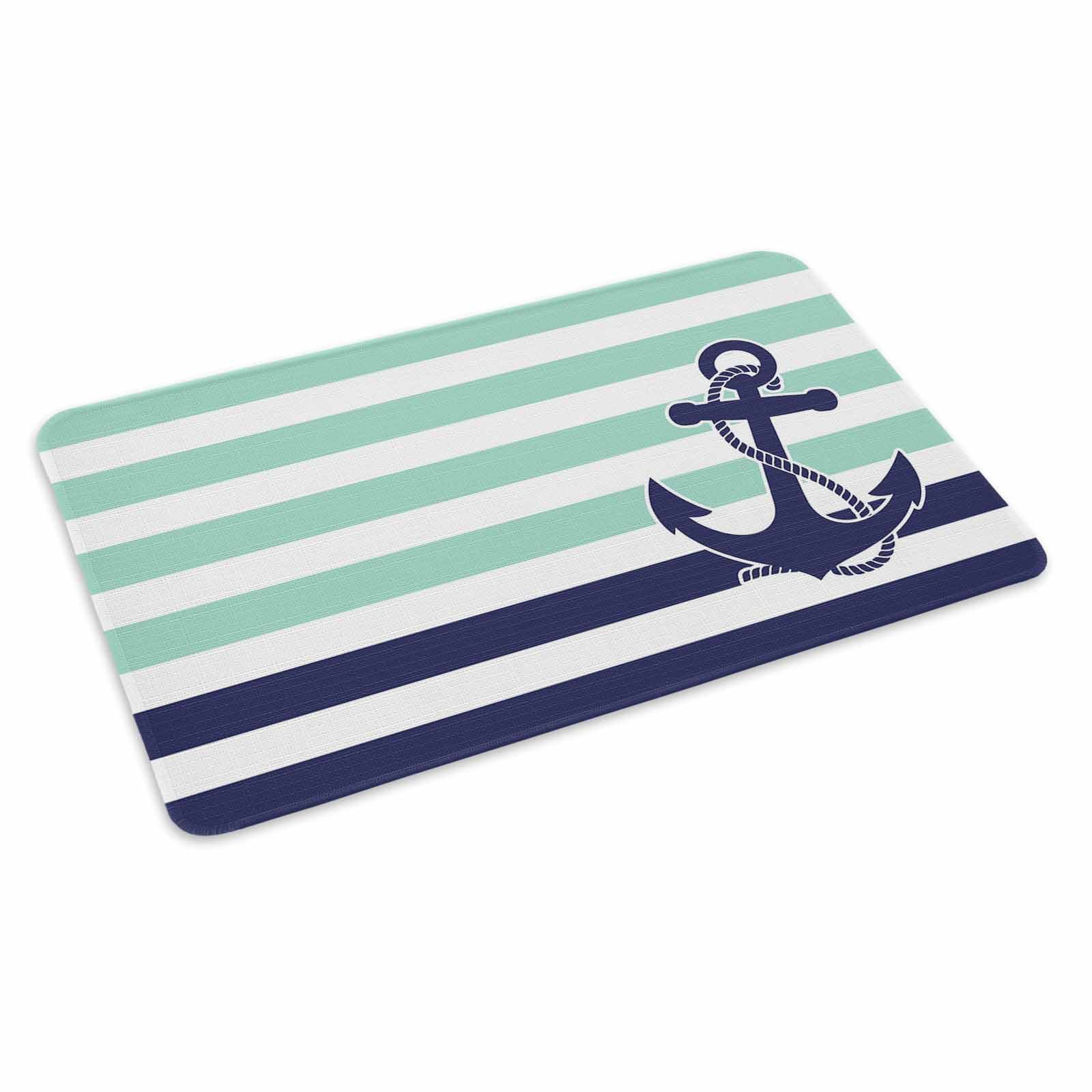 Anchor Aqua Doormat Outdoor Entrance 16"x24", Modern Navy Blue White Striped Nautical Absorb Moisture Dirt Door Mats, Non-Slip Rubber Backing Floor Mats Indoor, Low-Profile Front Door Rugs