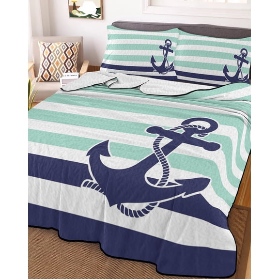 Anchor Aqua King Size Down Alternative Comforter, Lightweight Comforter Quilt Bedding Set with Pillow Shams Modern Navy Blue White Striped Nautical All Seasons Bed Comforter Duvet Insert 96"x106"