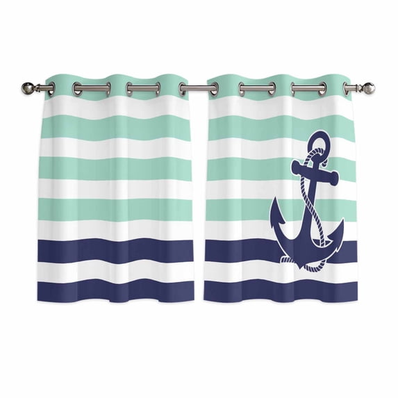Anchor Aqua Kitchen Curtains Short 45 Inch Length, Modern Navy Blue White Striped Nautical Grommet Top Bedroom Living Room Curtains, Light Filtering Cafe Curtain Drapes 2 Panels Set 84''x45''