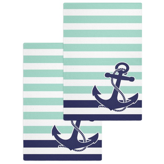 Anchor Aqua Kitchen Dish Towels for Drying Dishes Set of 2, Modern Navy Blue White Striped Nautical Waffle Weave Microfiber Hand Tea Bathroom Towels Quick Dry & Absorbent Towel 15.7x23.6