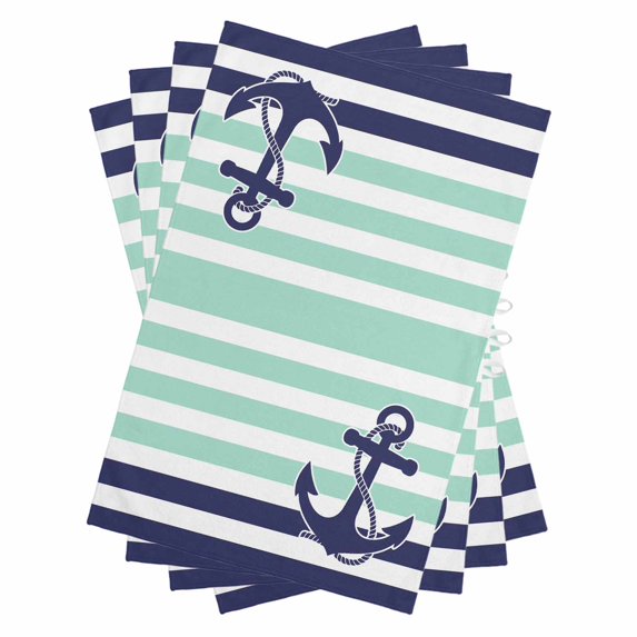 Anchor Aqua Kitchen Towels Set of 4, Water Absorbent Dish Towel, Modern Navy Blue White Striped Nautical Decorative Hand Towels - Quick Drying Cloth for Cooking Baking, 18x28 Inch