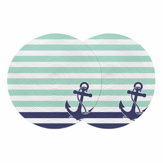 Anchor Aqua Round 13 Inch Placemats Set of 2, Modern Navy Blue White Striped Nautical HeatResistant Non Slip Place Mats for Dining Table, Wipeable Braided Kitchen Table Mats for Housewarming